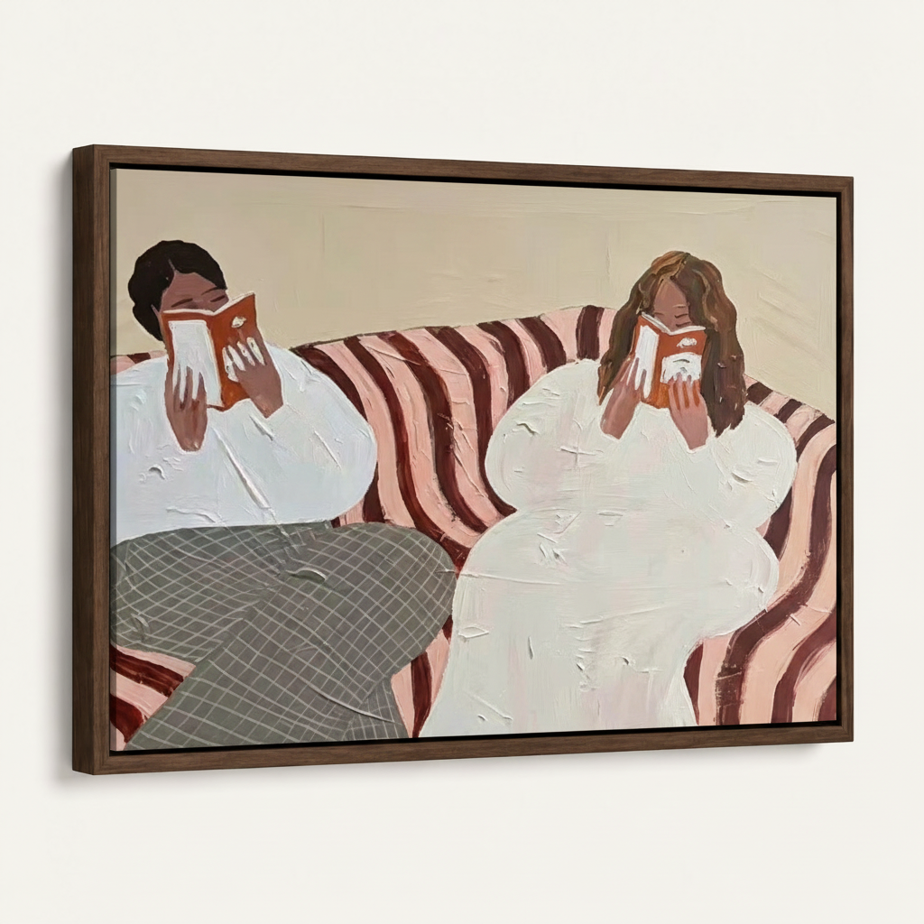 Framed two women reading canvas print in dark walnut float frame, angled product view on white background