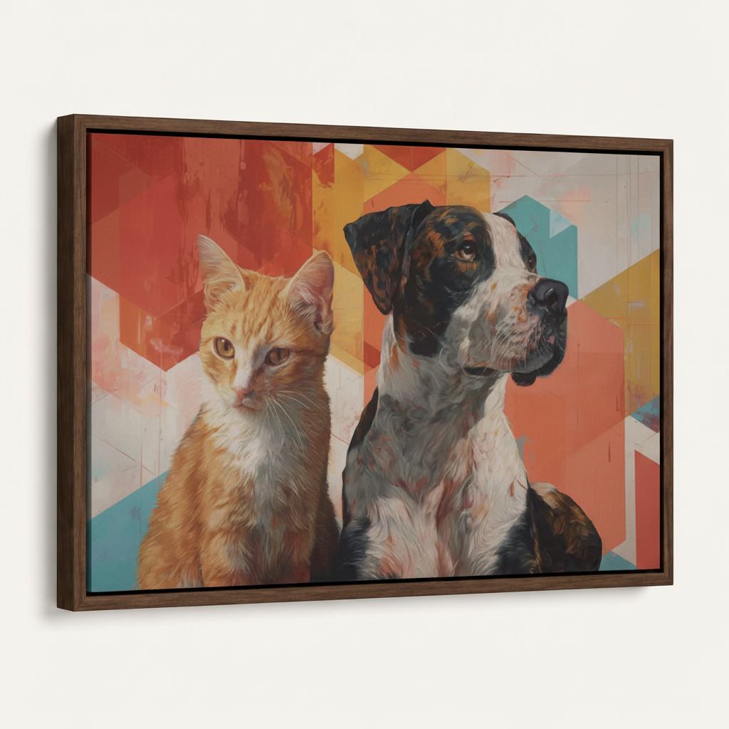 Cat and dog modern portrait in dark walnut float frame, product angle view on white background
