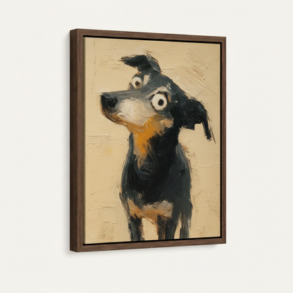 Framed canvas closeup of a quirky black dog with oversized googly eyes and warm beige impasto background