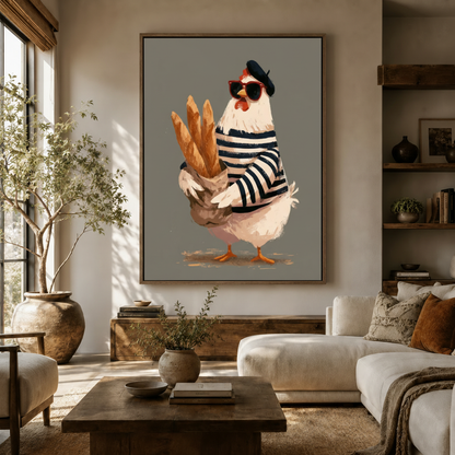 Funny French chicken baguette canvas wall art hanging in warm modern living room with olive tree and sofa