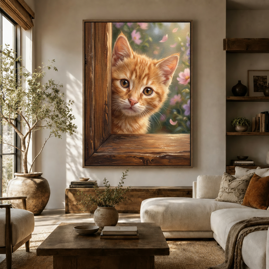 Warm spring kitten peeking door realistic canvas in walnut frame above rustic sideboard in bright living room