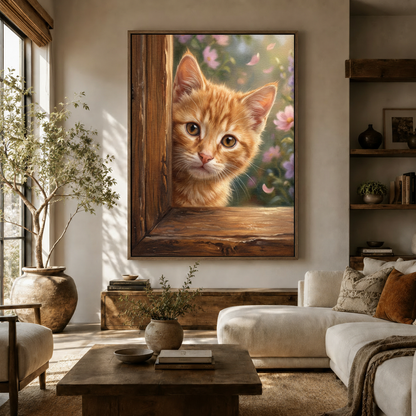 Warm spring kitten peeking door realistic canvas in walnut frame above rustic sideboard in bright living room