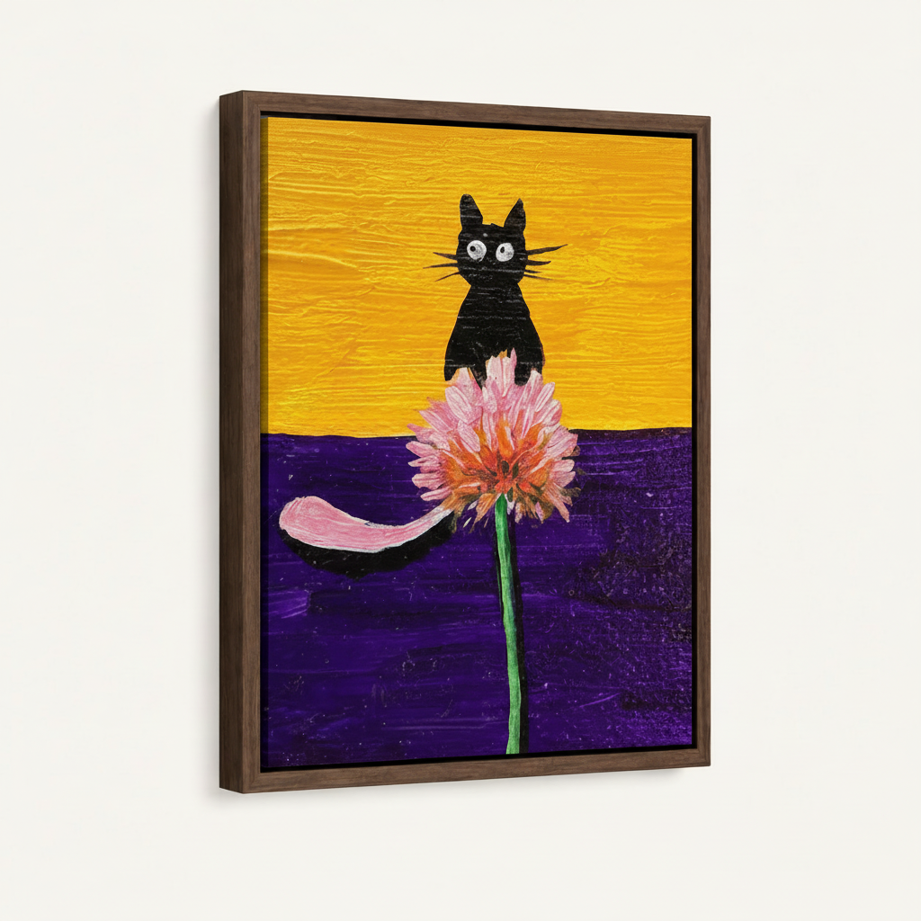 Framed black cat chrysanthemum impasto canvas art on white background, dark walnut float frame