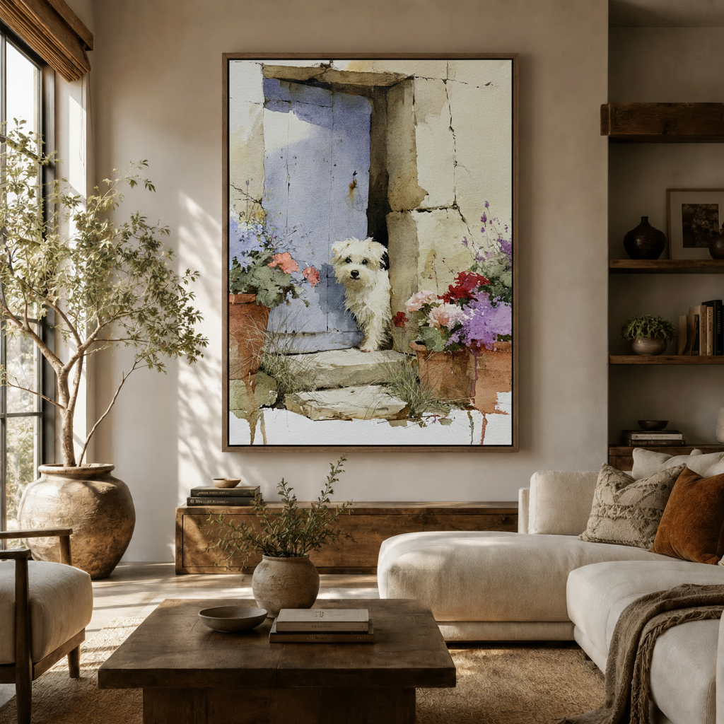 Cottage-style white dog flower door watercolor canvas in walnut frame above rustic sideboard in warm living room