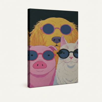 Gallery-wrapped funny animal canvas with no frame shown at angle on white background