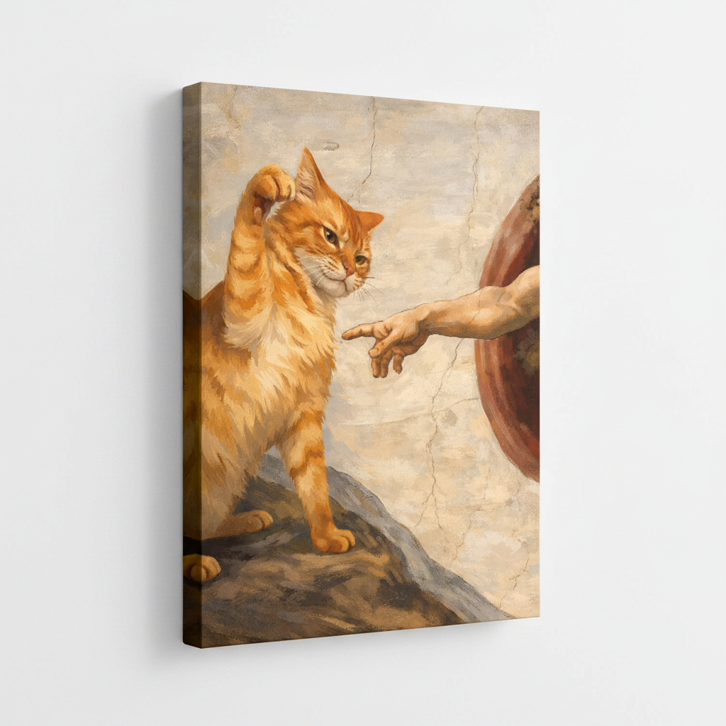 Gallery-wrapped canvas of orange cat Michelangelo parody, angled product view showing thin side edge