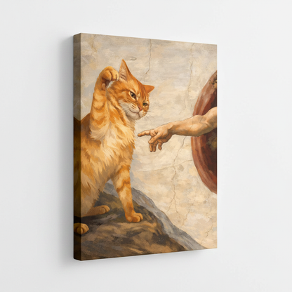 Gallery-wrapped canvas of orange cat Michelangelo parody, angled product view showing thin side edge