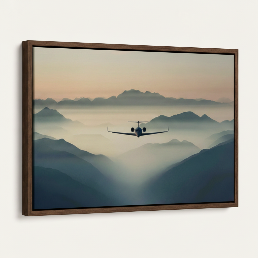 Dark walnut floater frame canvas of drone above clouds, angled product view on white background