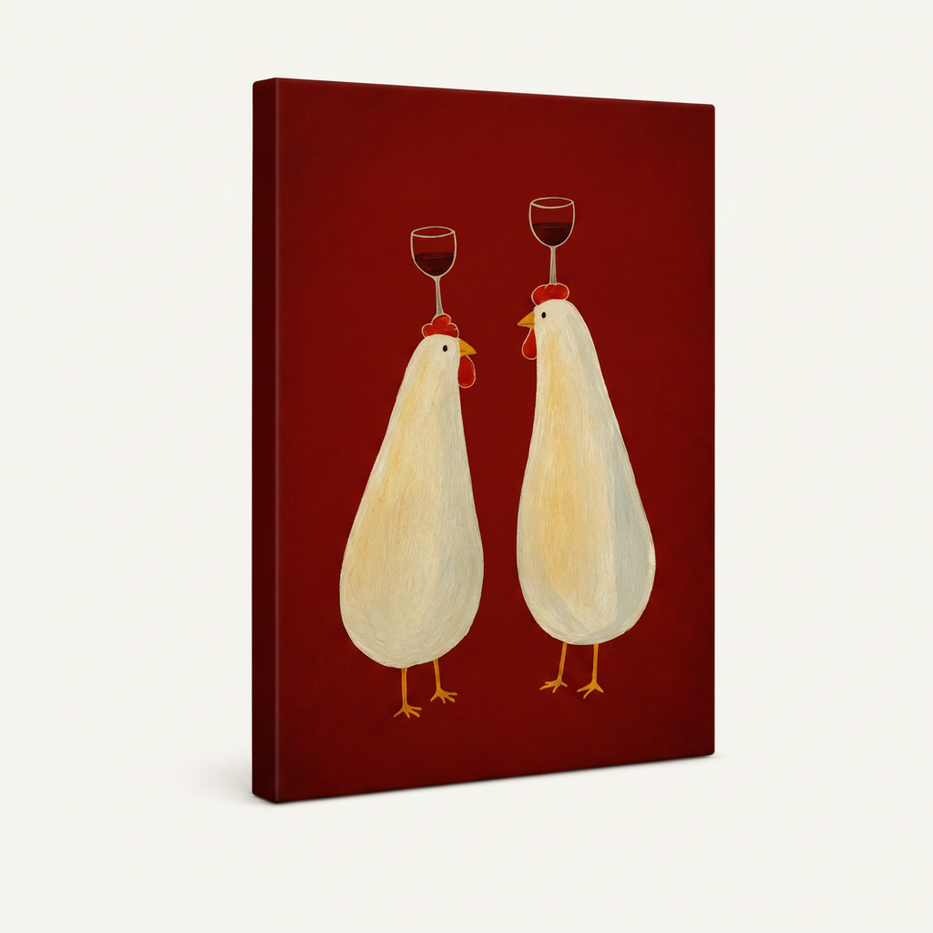 Gallery-wrapped chickens wine canvas print angled view showing deep burgundy wrapped sides and folk art style