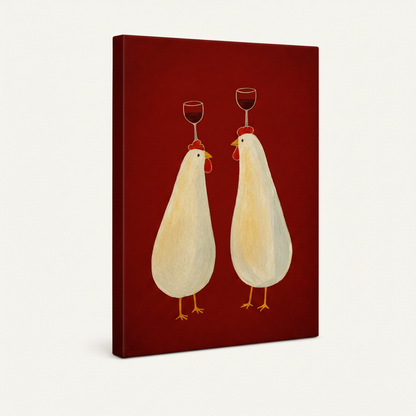 Gallery-wrapped chickens wine canvas print angled view showing deep burgundy wrapped sides and folk art style