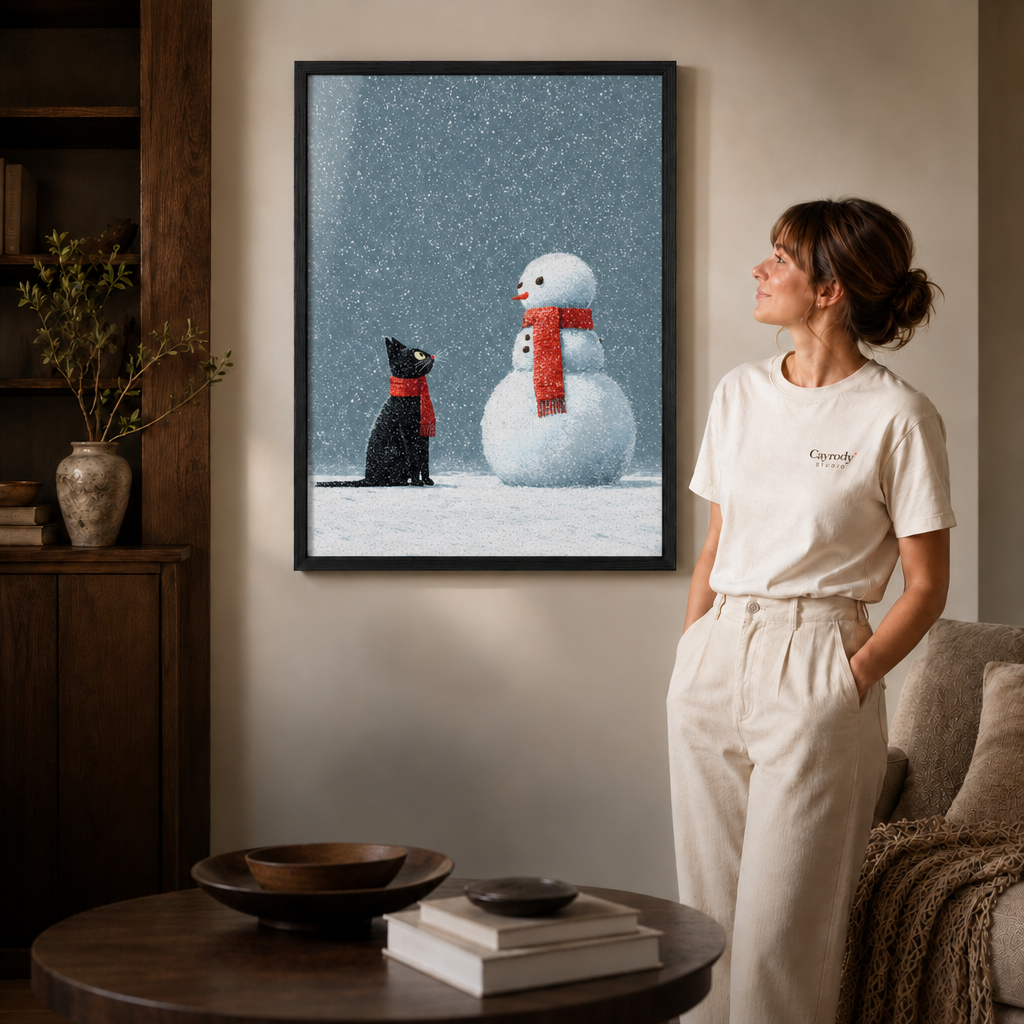 Black-framed black cat and snowman Christmas art beside a sofa in a dark wood interior.
