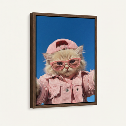 Framed canvas of a trendy Persian cat in pink outfit and sunglasses, dark walnut float frame, angled view