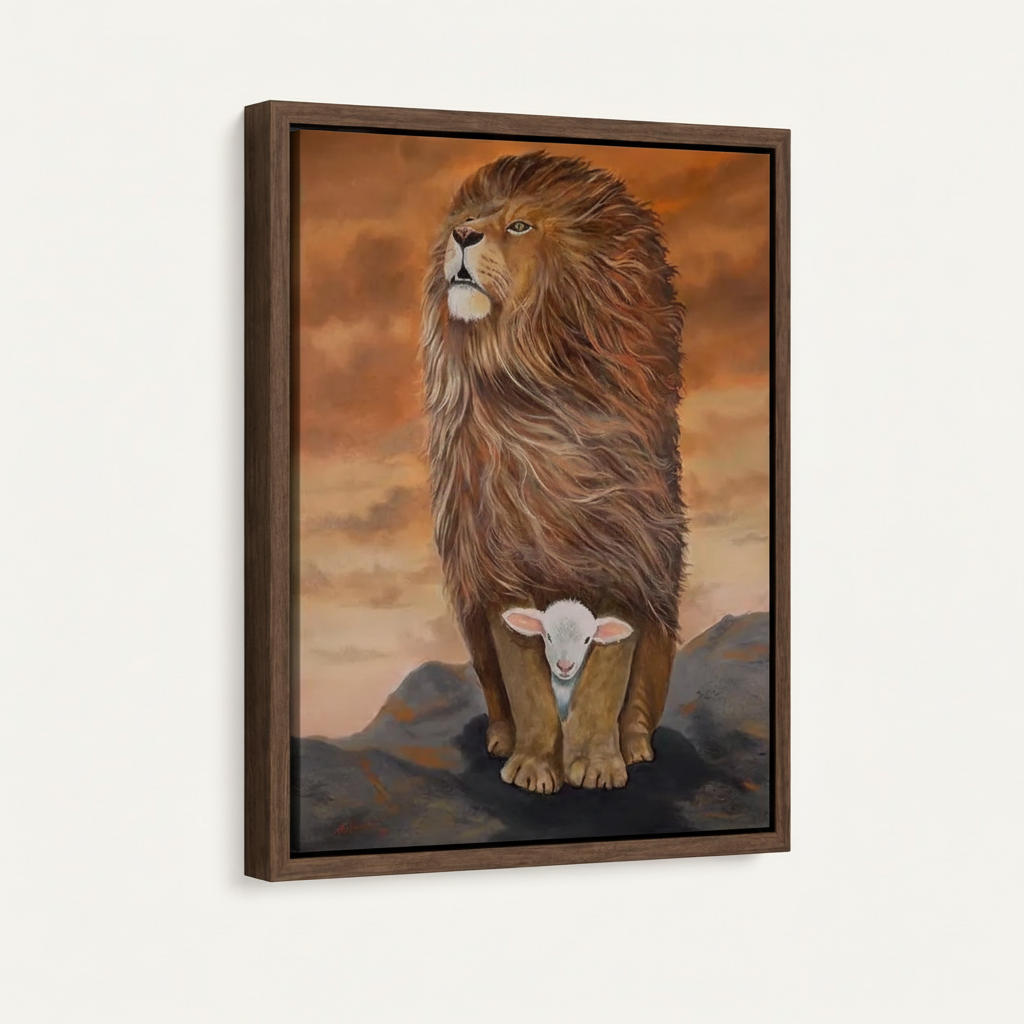 Framed canvas closeup of a majestic lion sheltering a white lamb against a dramatic amber sunset sky