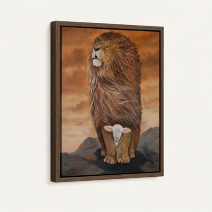 Framed canvas closeup of a majestic lion sheltering a white lamb against a dramatic amber sunset sky