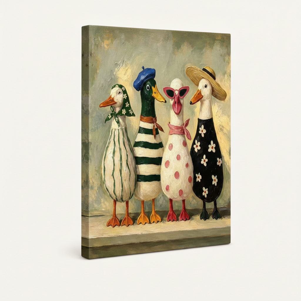 Gallery-wrapped canvas of four fashionable ducks in impasto oil style, angled product shot on white background