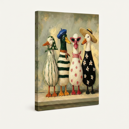Gallery-wrapped canvas of four fashionable ducks in impasto oil style, angled product shot on white background