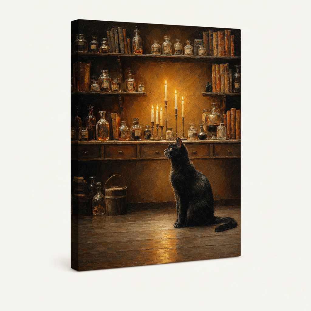 Gallery-wrapped canvas print of black cat apothecary oil painting, side view on white background