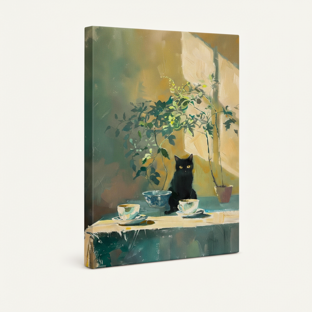 Gallery-wrapped black cat still life canvas on white background showing side wrap depth and brushwork detail