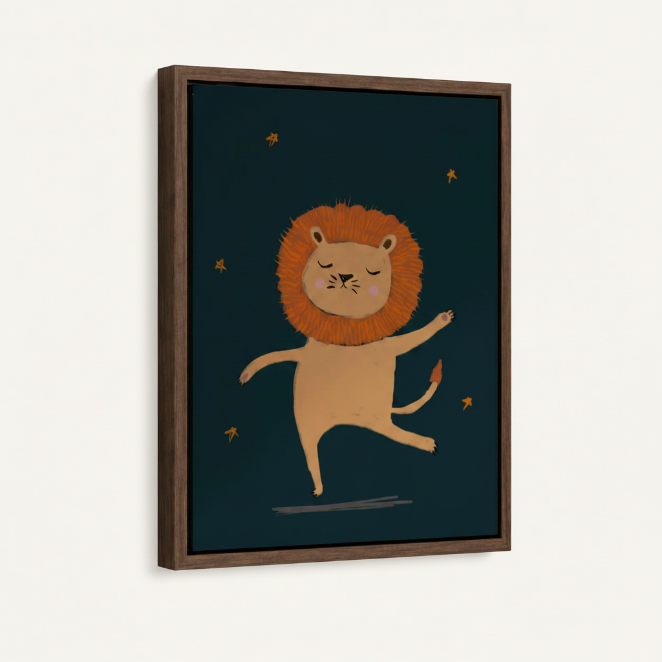 Close-up of framed canvas showing dancing lion with gold stars on deep teal background, walnut frame detail