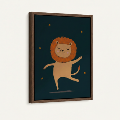 Close-up of framed canvas showing dancing lion with gold stars on deep teal background, walnut frame detail