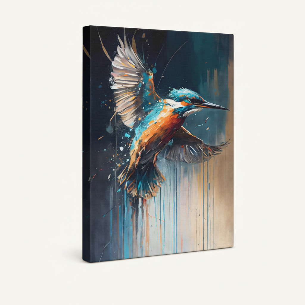 Gallery-wrapped kingfisher splatter canvas print shown at an angle on white background