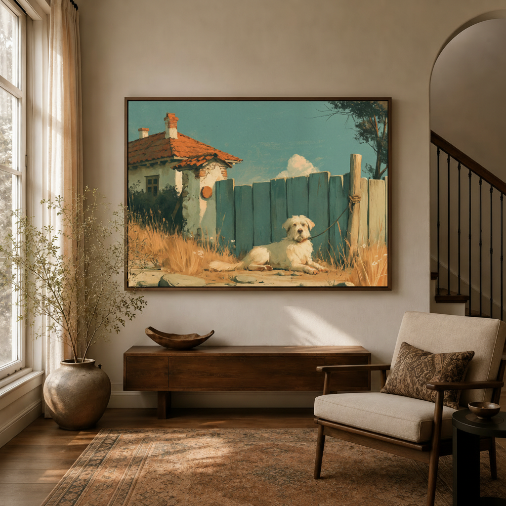 Rustic white dog vintage canvas art hanging in warm entryway with arched doorway and dried branch decor