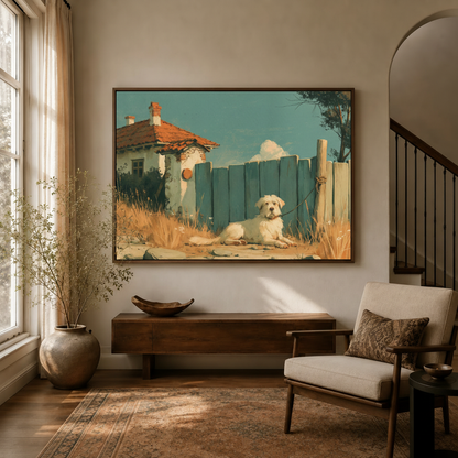 Rustic white dog vintage canvas art hanging in warm entryway with arched doorway and dried branch decor