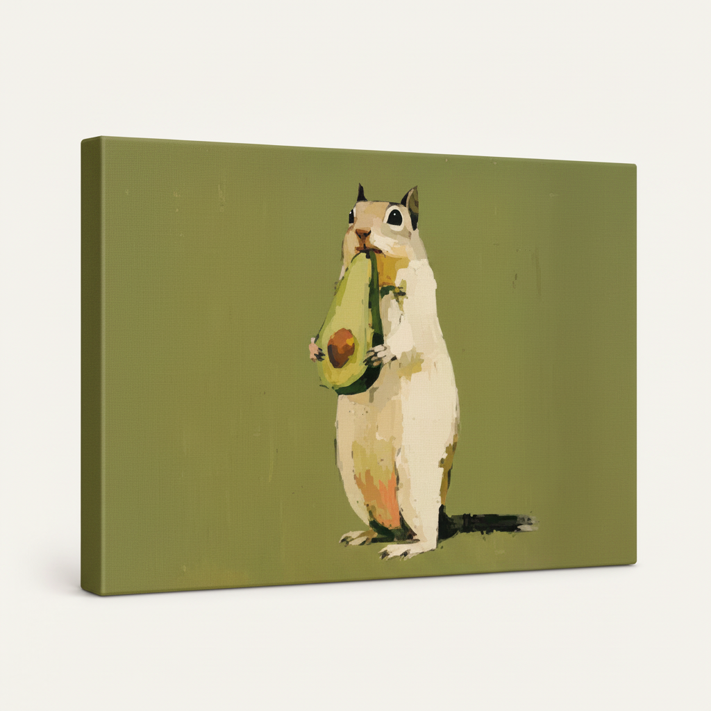 Gallery-wrapped squirrel avocado canvas print on white background showing canvas depth and sage green sides