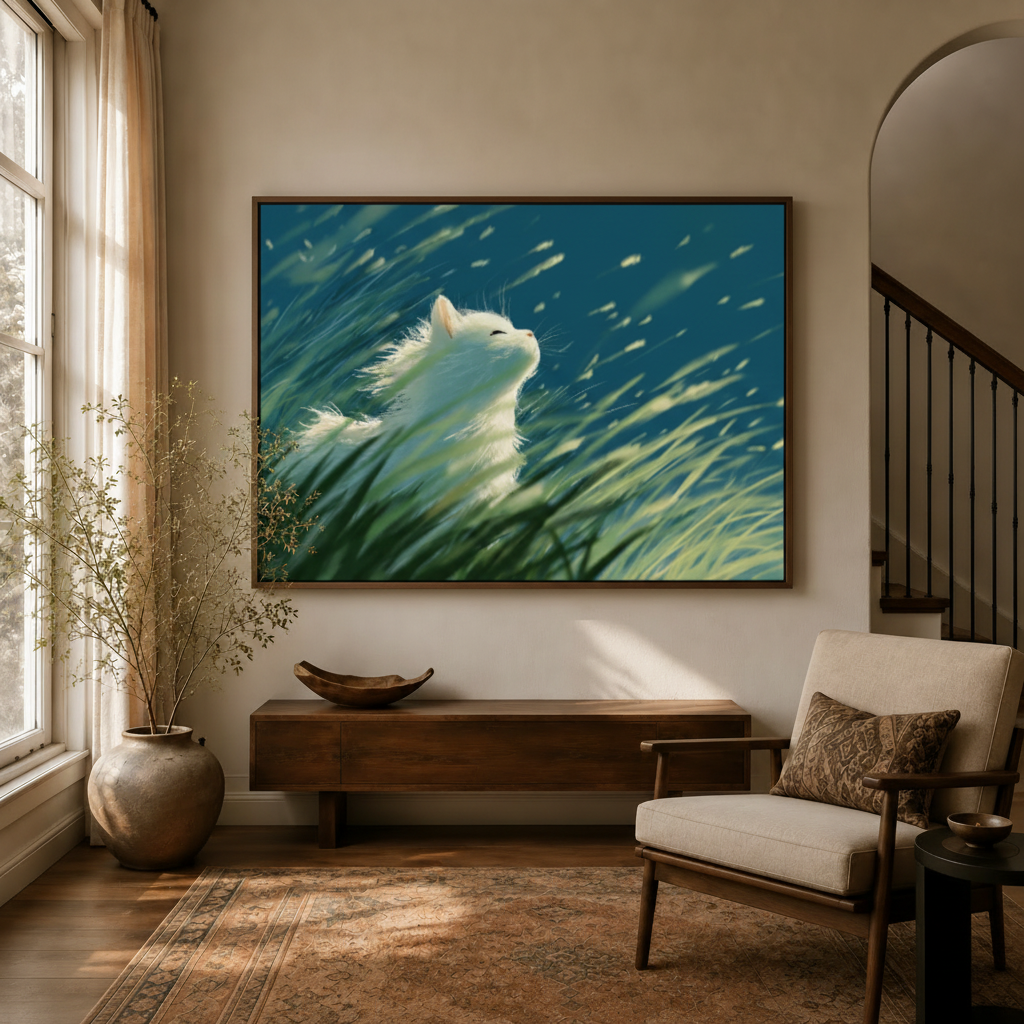 Dreamy white cat wind grass anime illustration canvas art hanging in warm entryway beside staircase