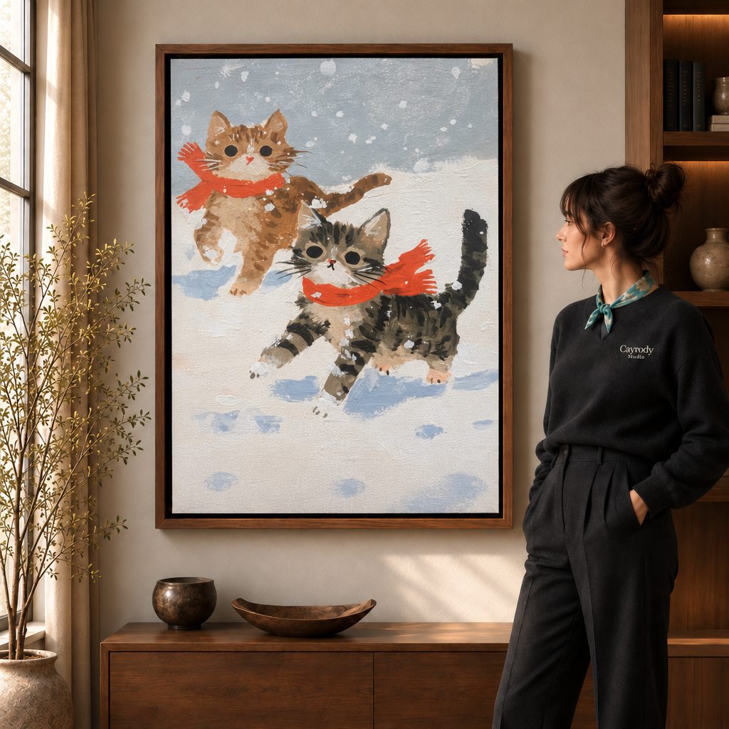 Winter cat wall art in a walnut floating frame above a wood console, admired by a woman in black