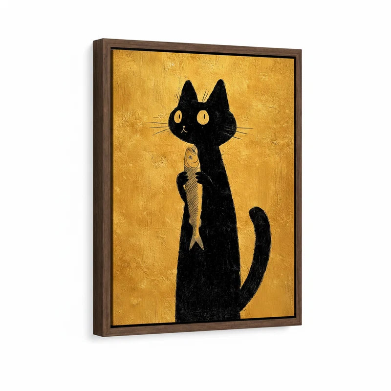Framed canvas close-up of black cat silhouette holding a fish on rich amber gold background