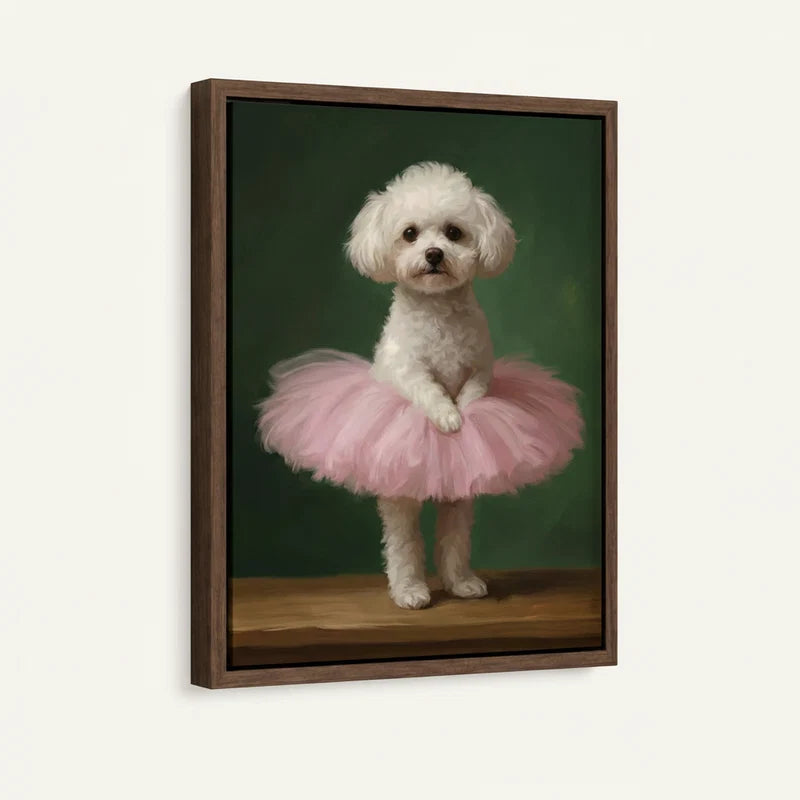 Framed canvas close-up of fluffy white poodle in pink tutu posed on stage, deep green background