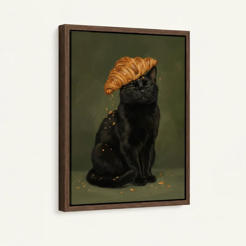 Close-up of framed black cat canvas art in walnut floater frame, angled product view on white background