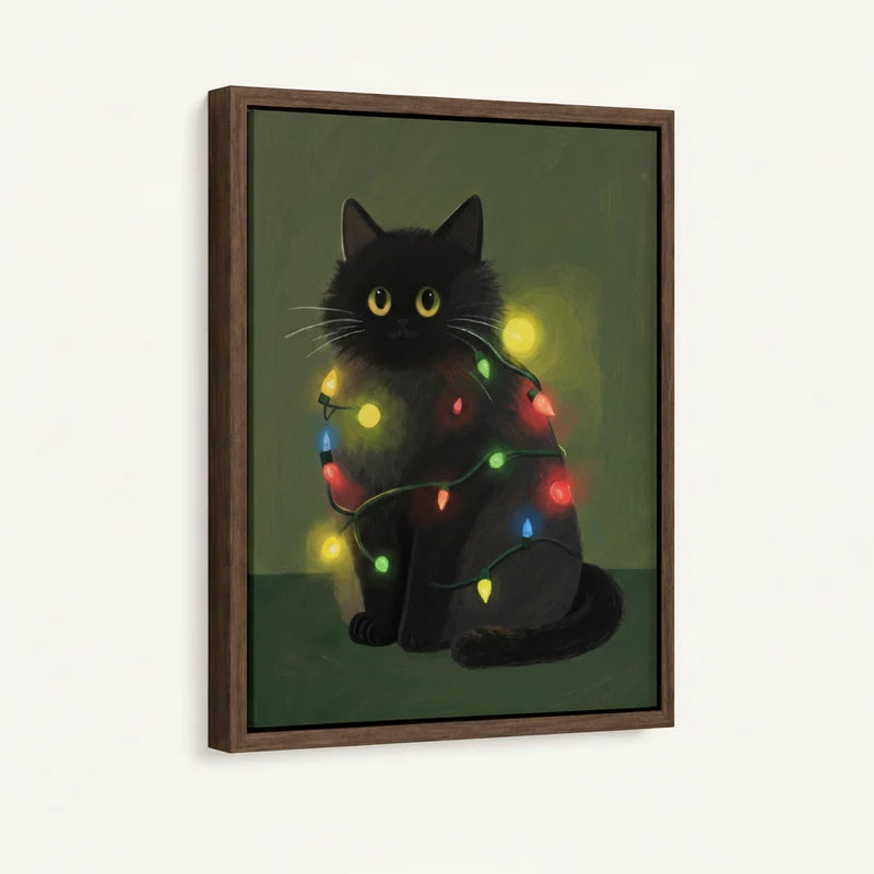 Framed canvas close-up of glowing black cat wrapped in string lights, walnut floater frame detail