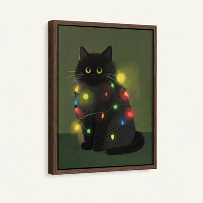 Framed canvas close-up of glowing black cat wrapped in string lights, walnut floater frame detail