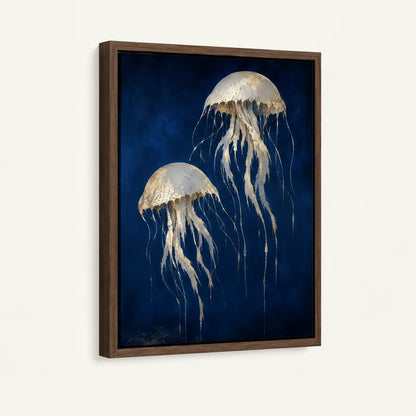 Angled view of framed floater canvas showing two luminous jellyfish on deep navy background