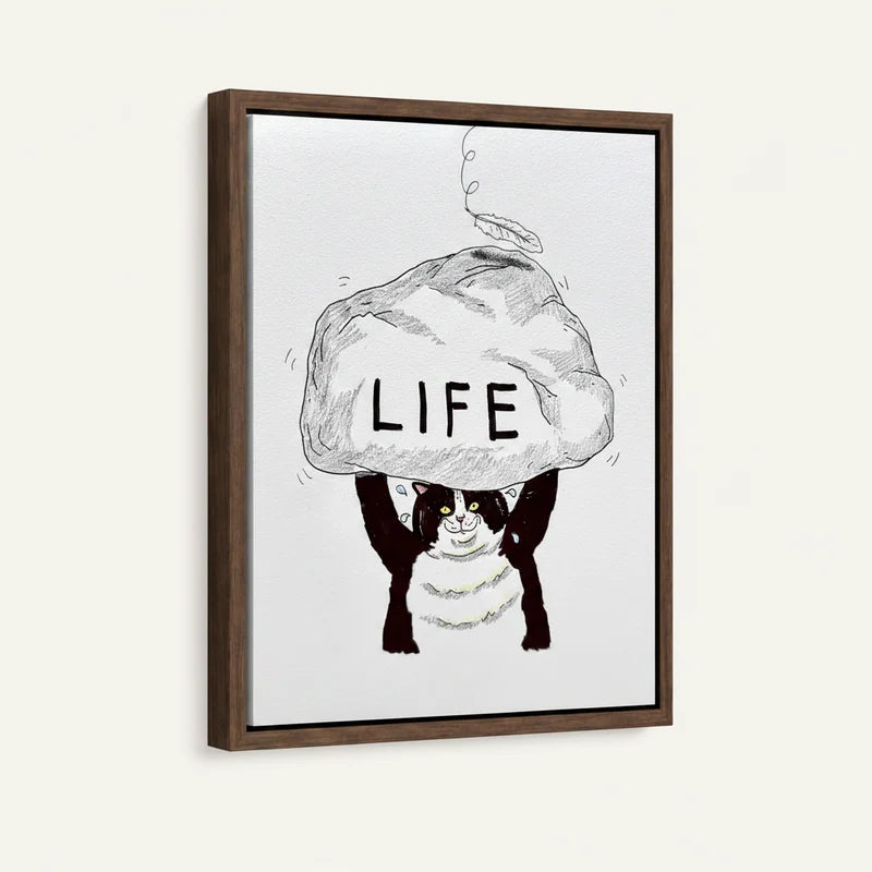 Angled side view of framed funny cat LIFE canvas wall art with dark walnut floater frame