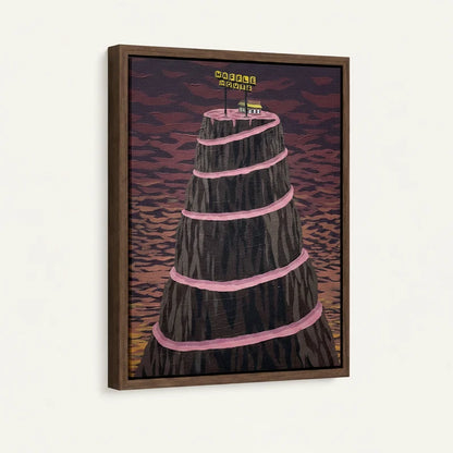 Framed canvas side view of Waffle House spiral mountain with moody burgundy sky and pink winding road