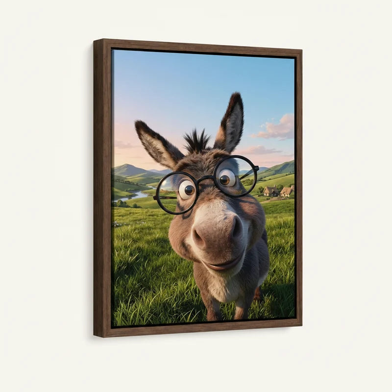 Wide-eyed donkey with glasses canvas in dark walnut floater frame, 3/4 angle view on white background