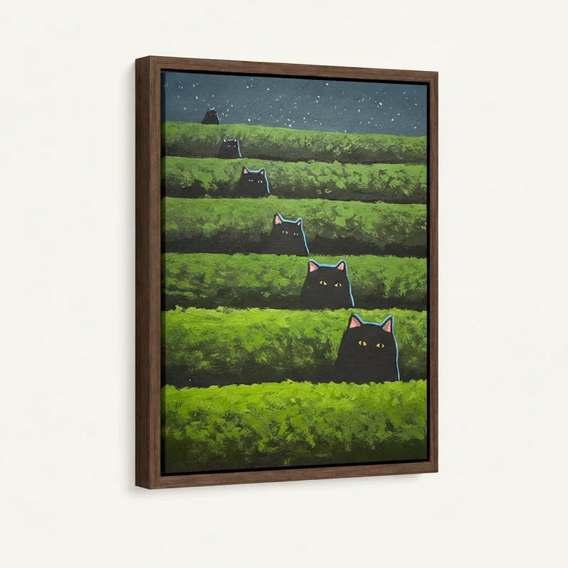 Framed canvas close-up showing five black cats emerging from lush terraced tea rows under starry sky