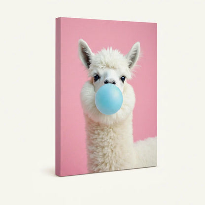 Gallery-wrapped white alpaca blowing blue bubble gum canvas print shown on white background