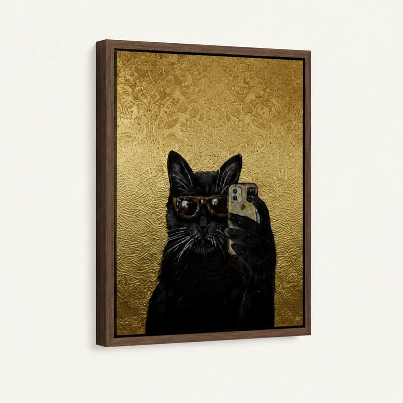 Framed canvas close-up of black cat wearing sunglasses taking selfie against gold damask background
