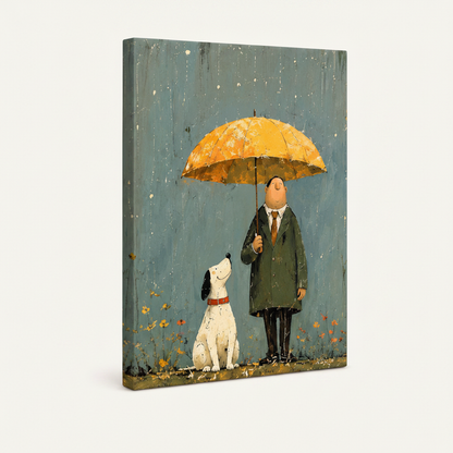 Gallery-wrapped canvas of man and dog in rain with yellow umbrella shown at angle on white background