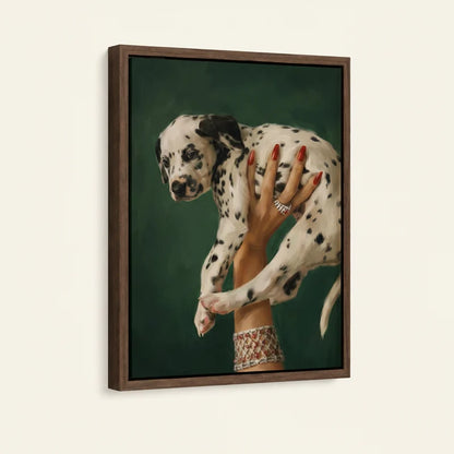 Close-up of Dalmatian puppy editorial canvas in walnut floater frame, angled product shot on white background
