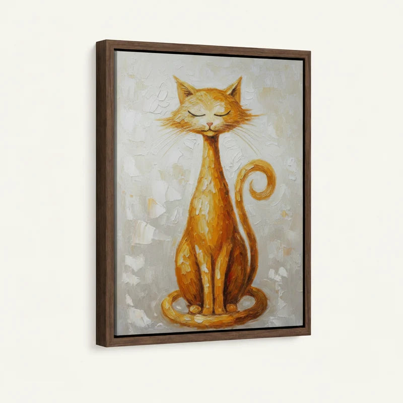 Golden cat palette knife framed canvas with dark walnut floater frame, 3/4 angle view