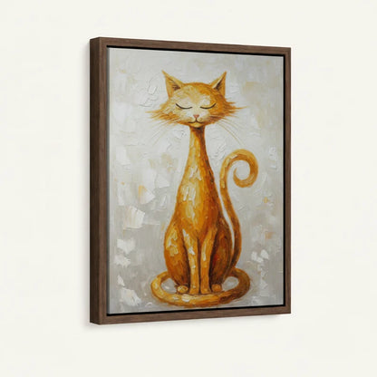 Golden cat palette knife framed canvas with dark walnut floater frame, 3/4 angle view