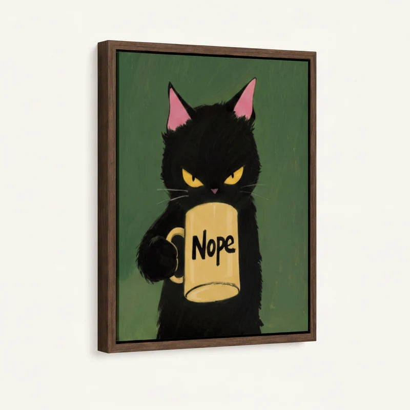 Black cat Nope mug framed canvas with dark walnut floater frame on white background, 3/4 view