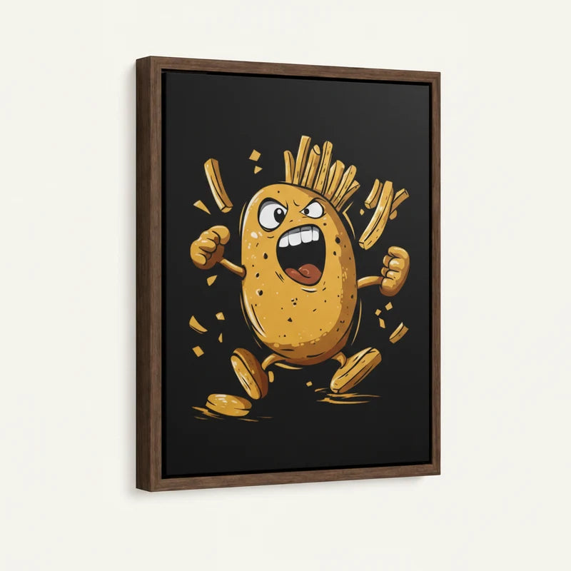 Floater-framed canvas close-up of angry potato character with fries exploding on black background