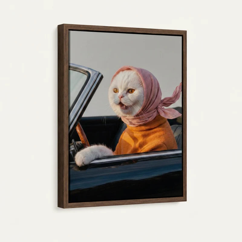 Close-up of white cat vintage car portrait in walnut floater frame, angled product shot on white background