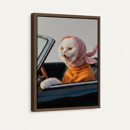Close-up of white cat vintage car portrait in walnut floater frame, angled product shot on white background